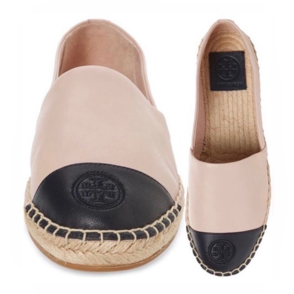 Tory Burch seashell pink/perfect black color block flat espadrilles 8.5